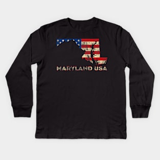 Maryland USA Flag State Map July 4th Patriotic Kids Long Sleeve T-Shirt